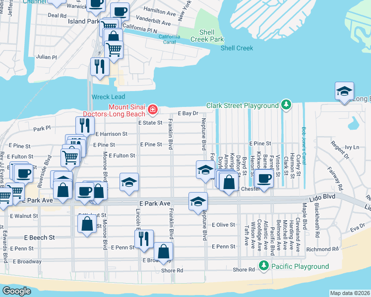 map of restaurants, bars, coffee shops, grocery stores, and more near 536 East Fulton Street in Long Beach