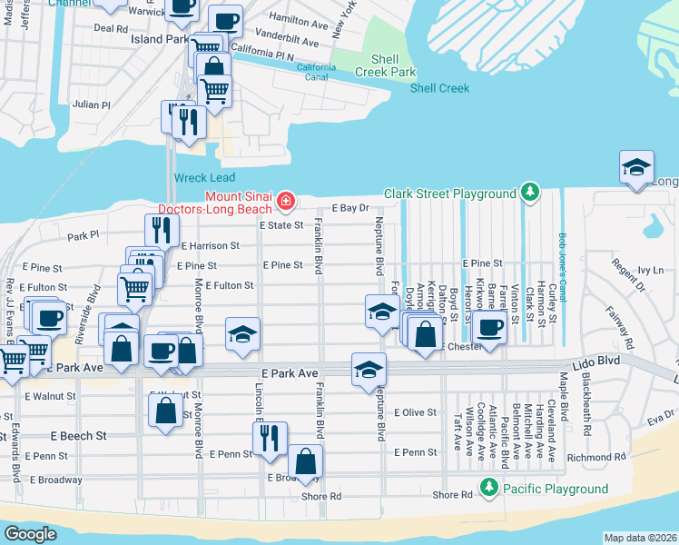 map of restaurants, bars, coffee shops, grocery stores, and more near 536 East Fulton Street in Long Beach