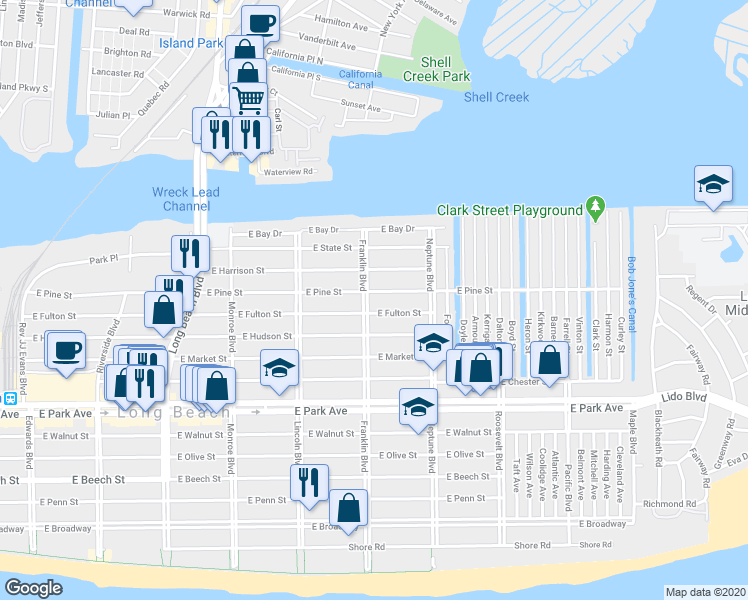 map of restaurants, bars, coffee shops, grocery stores, and more near 571 Franklin Boulevard in Long Beach