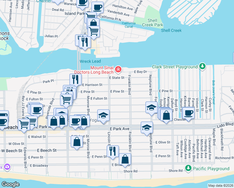 map of restaurants, bars, coffee shops, grocery stores, and more near 428 East Fulton Street in Long Beach