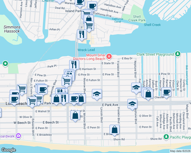 map of restaurants, bars, coffee shops, grocery stores, and more near 573 Lincoln Boulevard in Long Beach