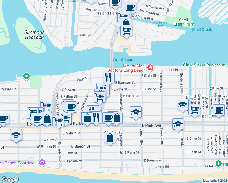 map of restaurants, bars, coffee shops, grocery stores, and more near 240 East Fulton Street in Long Beach