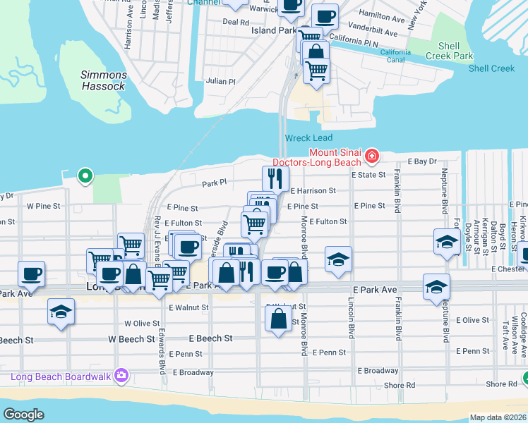 map of restaurants, bars, coffee shops, grocery stores, and more near in Long Beach