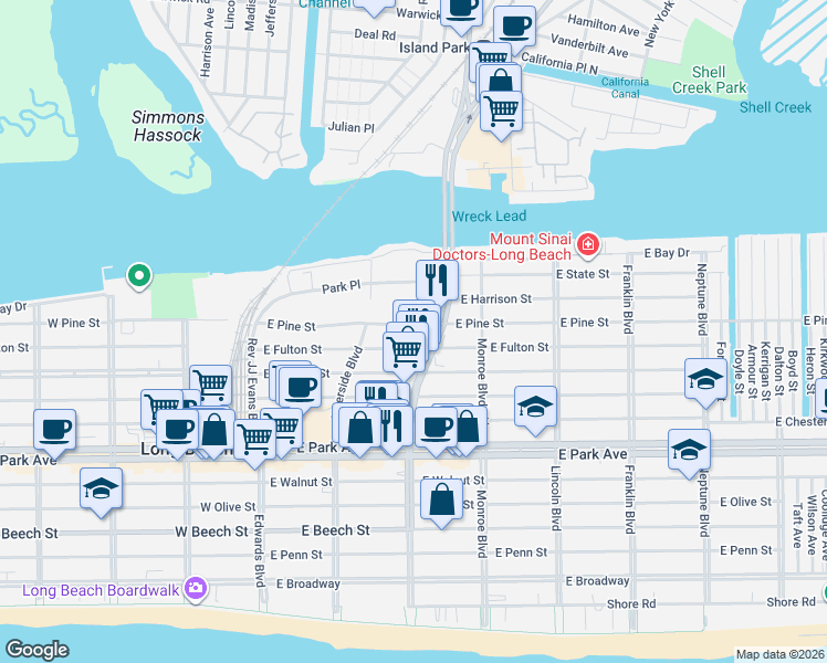map of restaurants, bars, coffee shops, grocery stores, and more near in Long Beach
