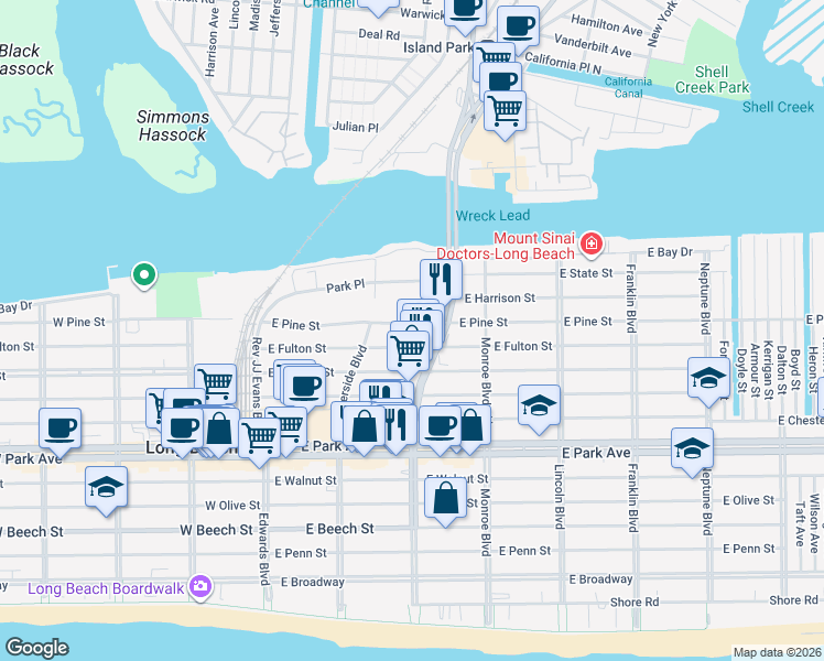 map of restaurants, bars, coffee shops, grocery stores, and more near 140 East Fulton Street in Long Beach