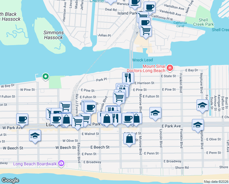 map of restaurants, bars, coffee shops, grocery stores, and more near 140 East Fulton Street in Long Beach