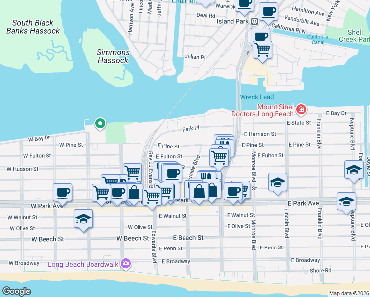 map of restaurants, bars, coffee shops, grocery stores, and more near 60 East Fulton Street in Long Beach
