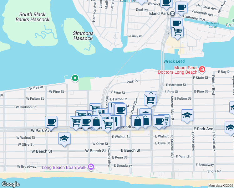 map of restaurants, bars, coffee shops, grocery stores, and more near 24 East Fulton Street in Long Beach