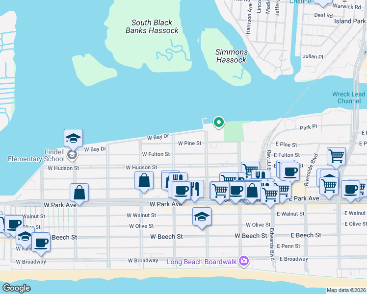 map of restaurants, bars, coffee shops, grocery stores, and more near 572 Laurelton Boulevard in Long Beach