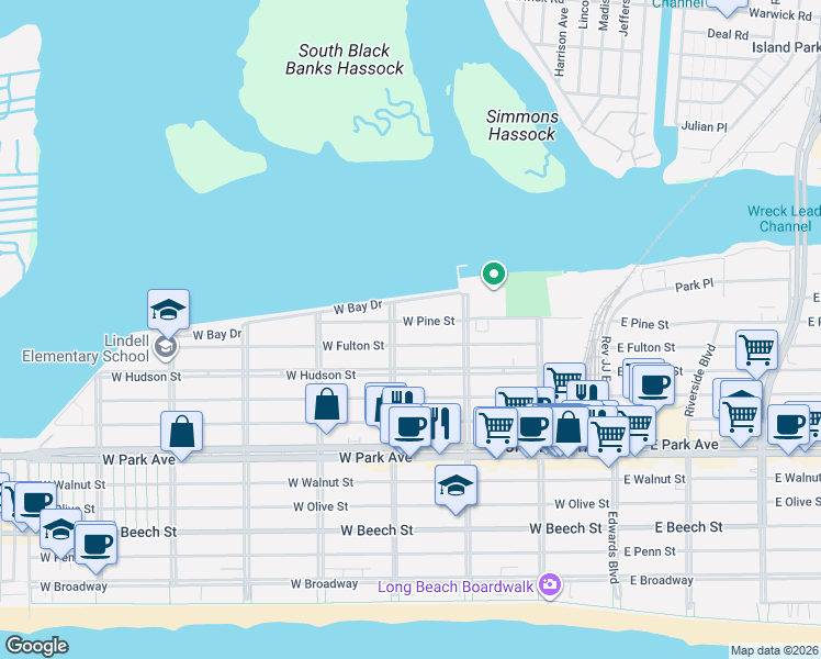 map of restaurants, bars, coffee shops, grocery stores, and more near 572 Laurelton Boulevard in Long Beach