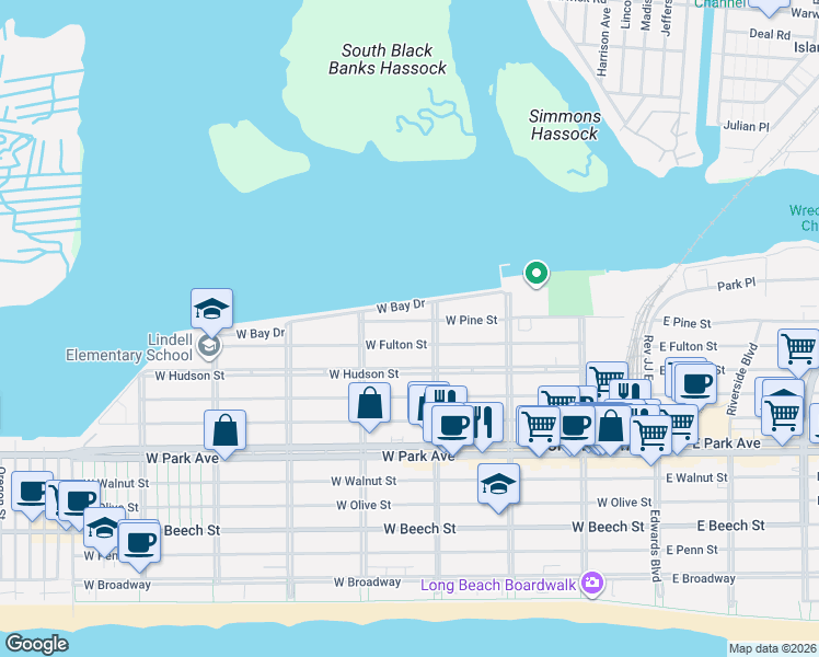 map of restaurants, bars, coffee shops, grocery stores, and more near 336 West Fulton Street in Long Beach