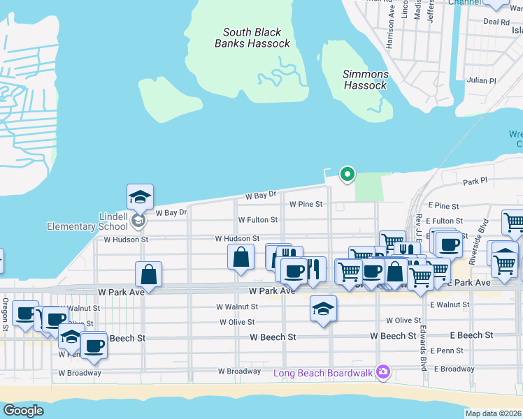 map of restaurants, bars, coffee shops, grocery stores, and more near 336 West Fulton Street in Long Beach