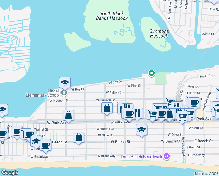 map of restaurants, bars, coffee shops, grocery stores, and more near 380 West Fulton Street in Long Beach