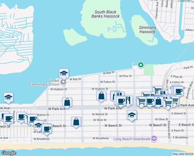 map of restaurants, bars, coffee shops, grocery stores, and more near 380 West Fulton Street in Long Beach