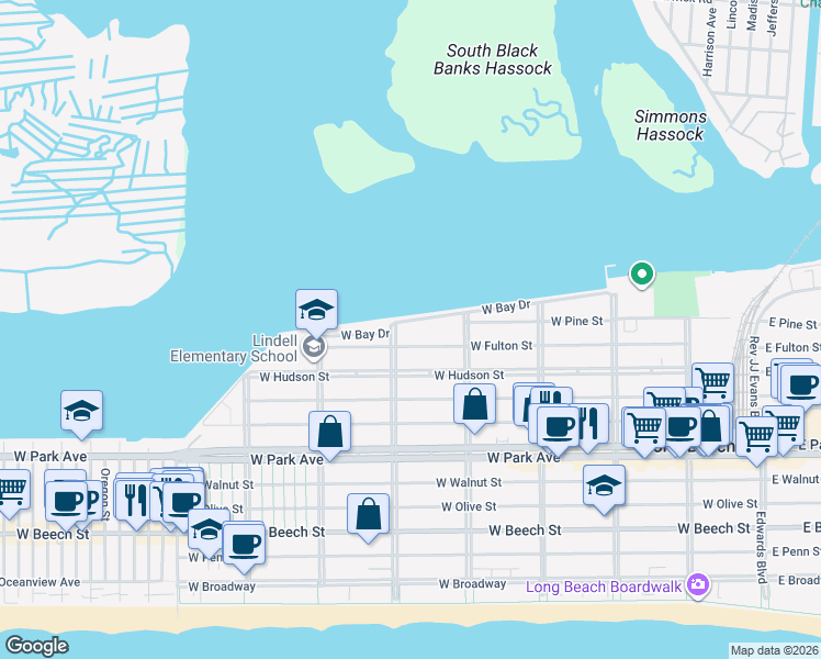 map of restaurants, bars, coffee shops, grocery stores, and more near 565 Washington Boulevard in Long Beach
