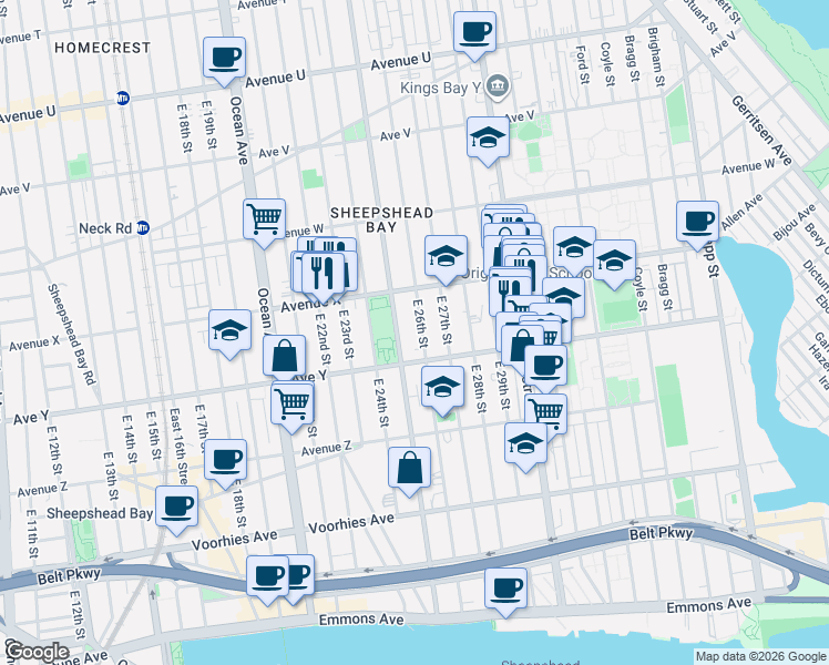map of restaurants, bars, coffee shops, grocery stores, and more near 2473 East 26th Street in Brooklyn