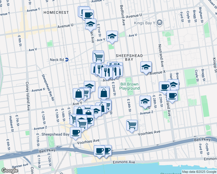 map of restaurants, bars, coffee shops, grocery stores, and more near 2499 East 21st Street in Brooklyn