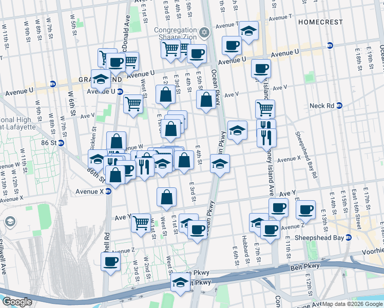 map of restaurants, bars, coffee shops, grocery stores, and more near 2377 East 2nd Street in Brooklyn