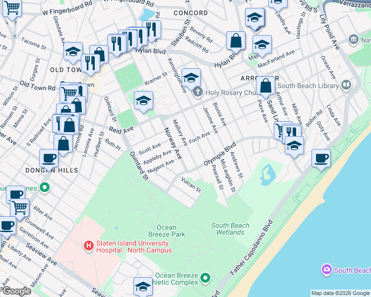 map of restaurants, bars, coffee shops, grocery stores, and more near 286 Norway Avenue in Staten Island