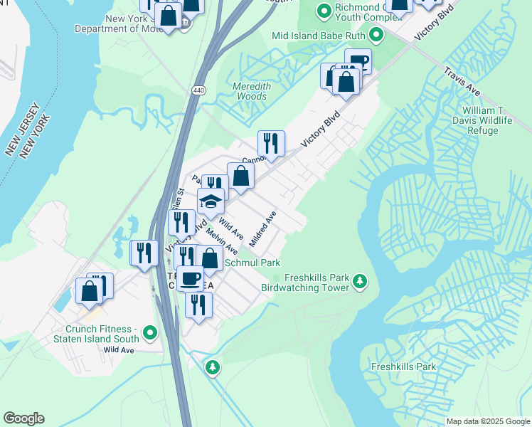 map of restaurants, bars, coffee shops, grocery stores, and more near 70 Shelley Avenue in Staten Island