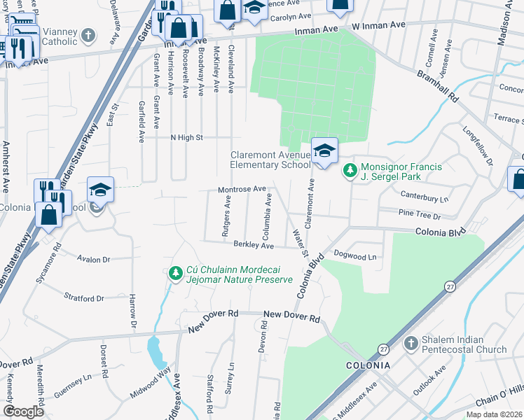 map of restaurants, bars, coffee shops, grocery stores, and more near 30 Columbia Avenue in Woodbridge Township