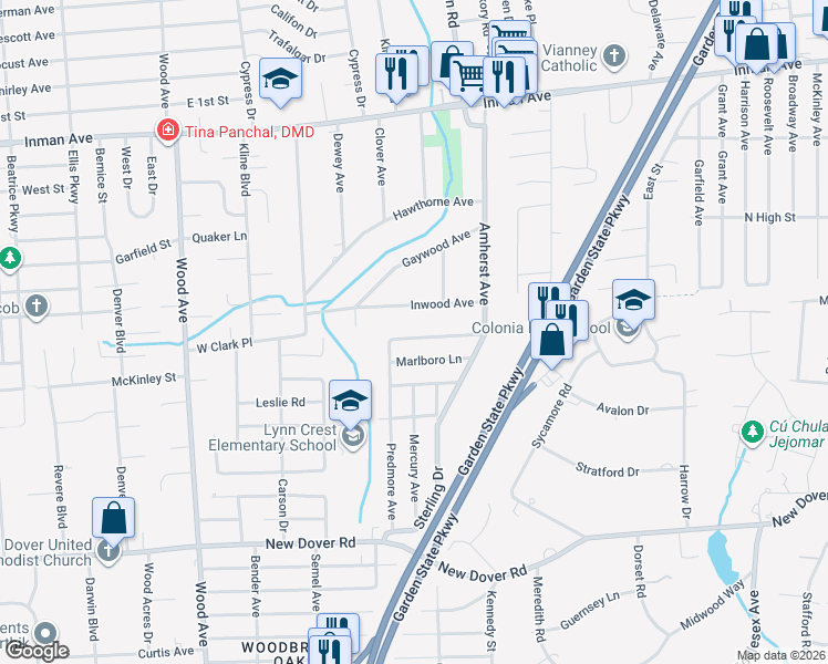 map of restaurants, bars, coffee shops, grocery stores, and more near 6 Marlboro Lane in Woodbridge Township