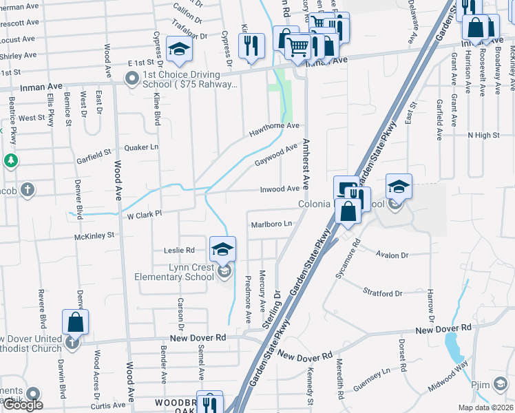 map of restaurants, bars, coffee shops, grocery stores, and more near 6 Marlboro Lane in Woodbridge Township