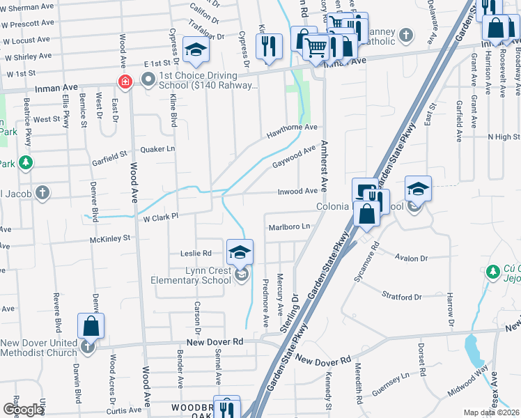 map of restaurants, bars, coffee shops, grocery stores, and more near 6 Marlboro Lane in Woodbridge Township