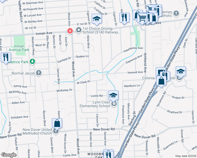 map of restaurants, bars, coffee shops, grocery stores, and more near 4 Eli Road in Woodbridge Township