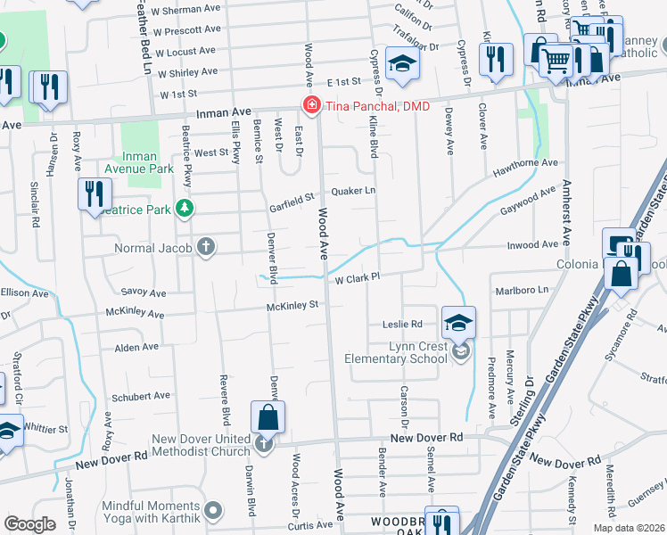 map of restaurants, bars, coffee shops, grocery stores, and more near 15 West Clark Place in Woodbridge Township