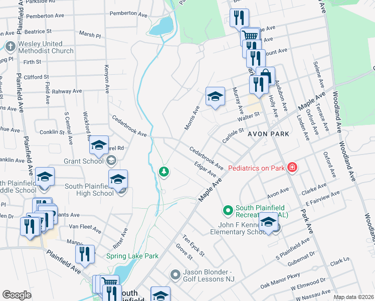map of restaurants, bars, coffee shops, grocery stores, and more near 302 Edgar Avenue in South Plainfield