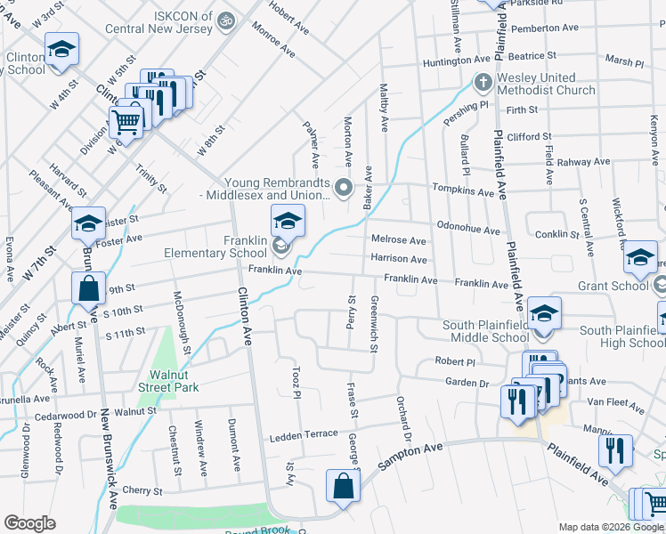 map of restaurants, bars, coffee shops, grocery stores, and more near 901 Franklin Avenue in South Plainfield