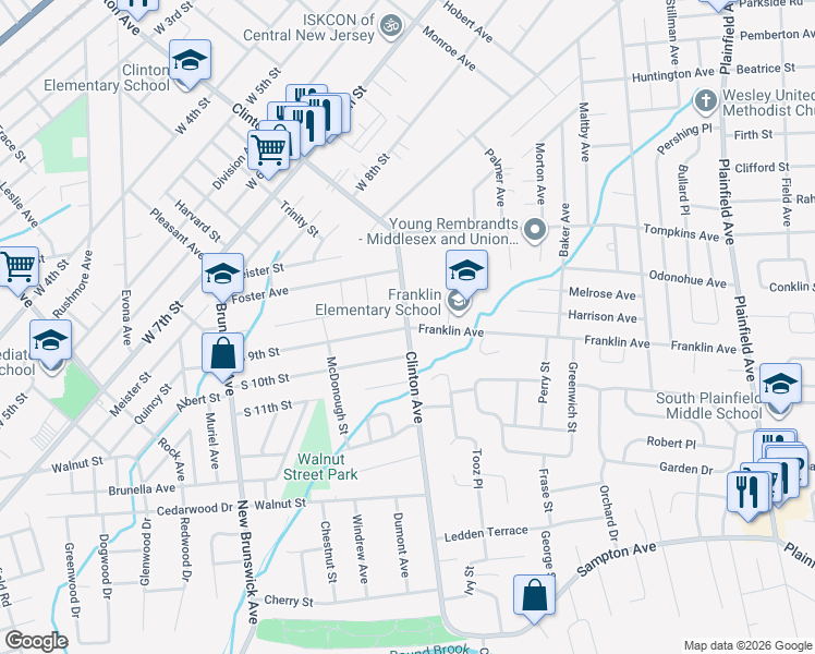 map of restaurants, bars, coffee shops, grocery stores, and more near 1115 Clinton Avenue in South Plainfield