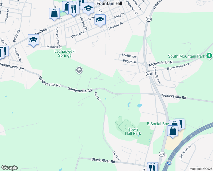 map of restaurants, bars, coffee shops, grocery stores, and more near 1342-1398 Seidersville Road in Bethlehem