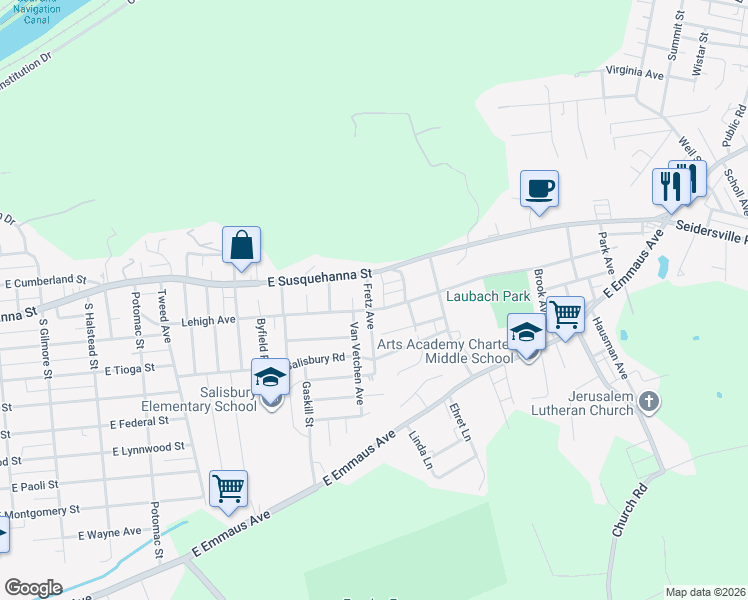 map of restaurants, bars, coffee shops, grocery stores, and more near 1408 Lehigh Avenue in Allentown