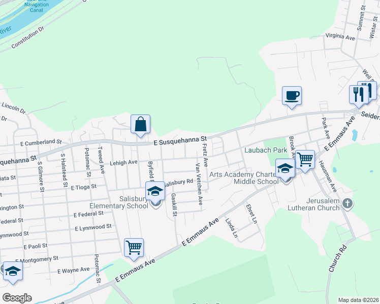 map of restaurants, bars, coffee shops, grocery stores, and more near 1324 Lehigh Avenue in Allentown