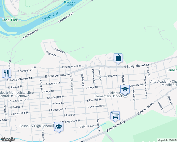 map of restaurants, bars, coffee shops, grocery stores, and more near 1240 Potomac Street in Allentown