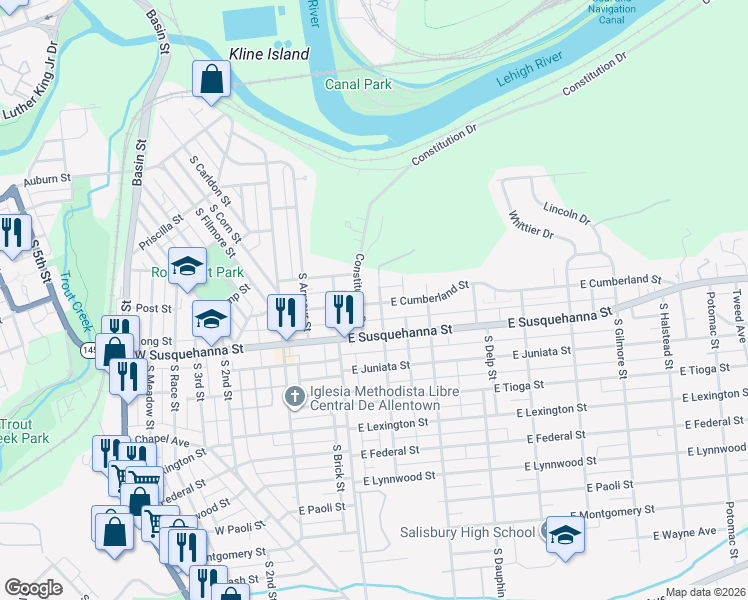 map of restaurants, bars, coffee shops, grocery stores, and more near 122 East Long Street in Allentown