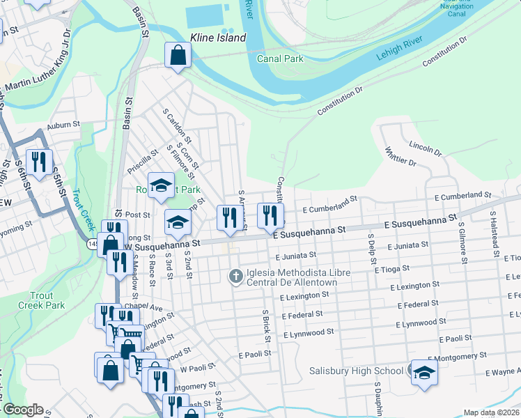 map of restaurants, bars, coffee shops, grocery stores, and more near 44 East Cumberland Street in Allentown