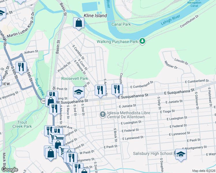 map of restaurants, bars, coffee shops, grocery stores, and more near 44 East Cumberland Street in Allentown