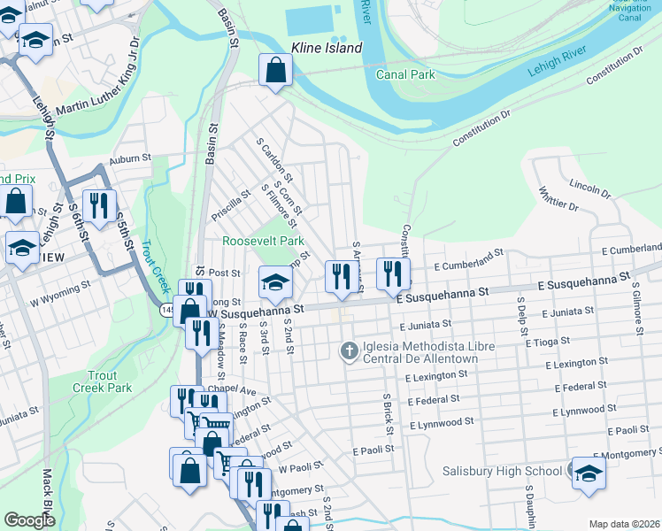 map of restaurants, bars, coffee shops, grocery stores, and more near 1107 South Front Street in Allentown