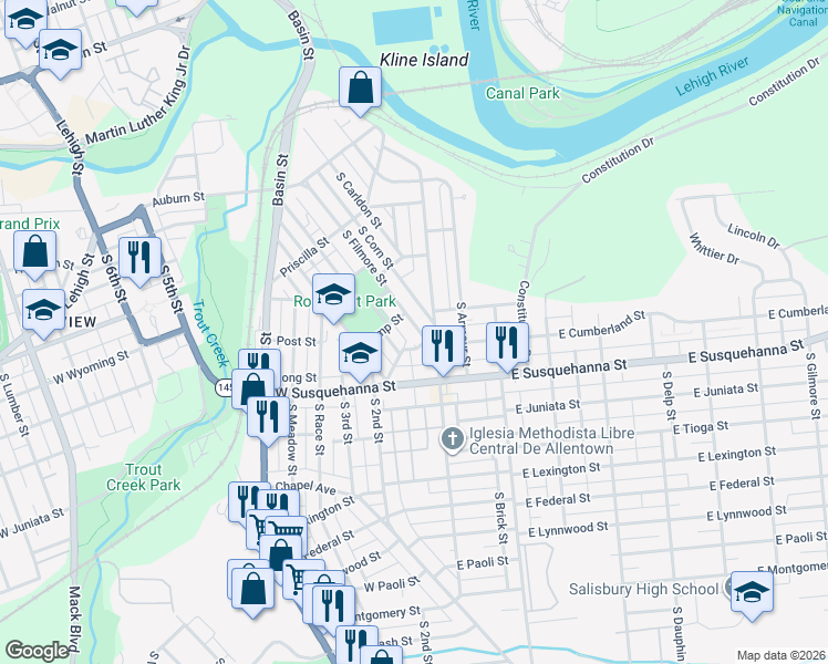 map of restaurants, bars, coffee shops, grocery stores, and more near 132 Donald Street in Allentown