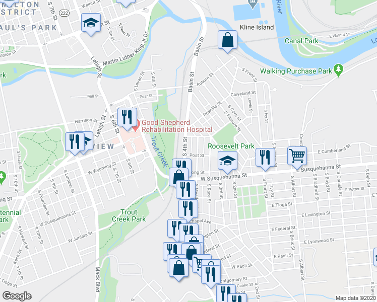 map of restaurants, bars, coffee shops, grocery stores, and more near 1010 South Meadow Street in Allentown