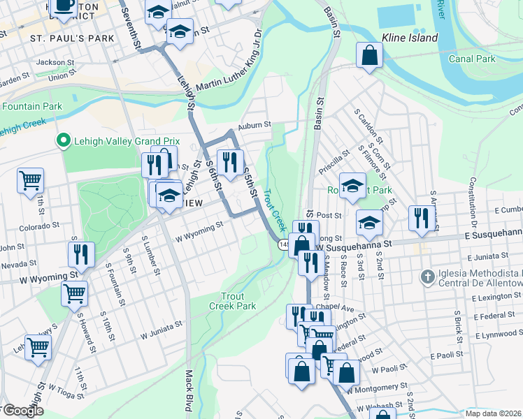 map of restaurants, bars, coffee shops, grocery stores, and more near 509-515 Rye Street in Allentown