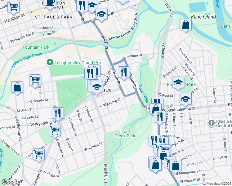 map of restaurants, bars, coffee shops, grocery stores, and more near 922 South 7th Street in Allentown
