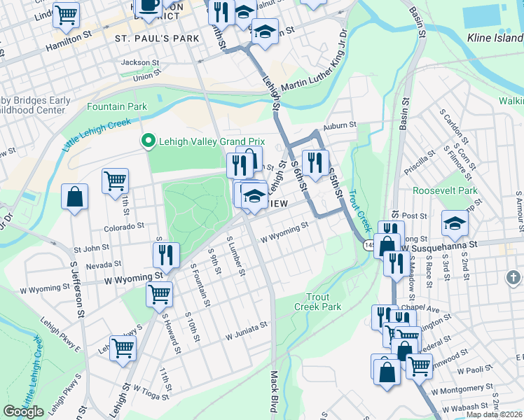 map of restaurants, bars, coffee shops, grocery stores, and more near 748 Saint John Street in Allentown