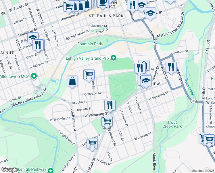 map of restaurants, bars, coffee shops, grocery stores, and more near 823 South Hazel Street in Allentown