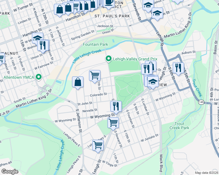 map of restaurants, bars, coffee shops, grocery stores, and more near 1025 Colorado Street in Allentown