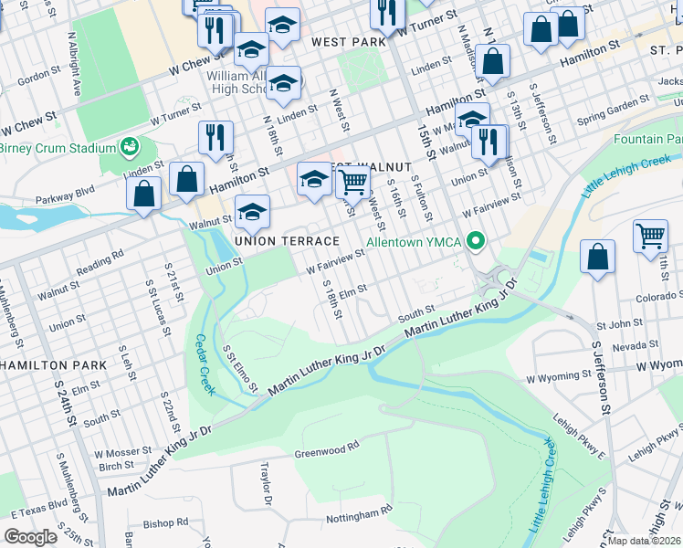 map of restaurants, bars, coffee shops, grocery stores, and more near 331 South 18th Street in Allentown