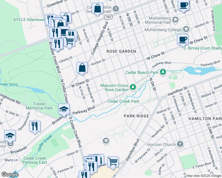 map of restaurants, bars, coffee shops, grocery stores, and more near 121 North Arch Street in Allentown
